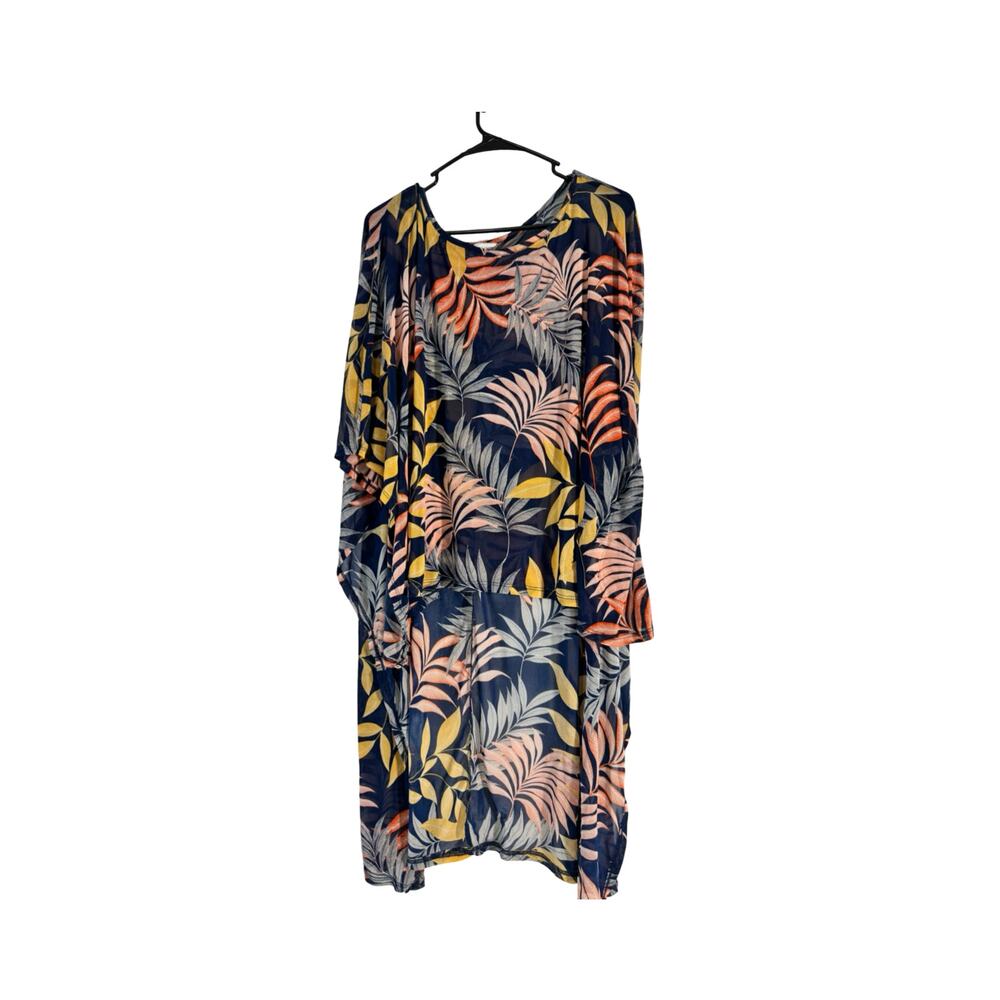 Luxology Womens XL Navy Tropical Leaf Print Long Sleeve Tunic Dress